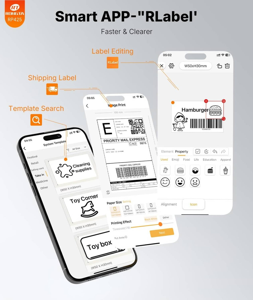 White thermal label printer with smartphone app showing label templates and editing tools