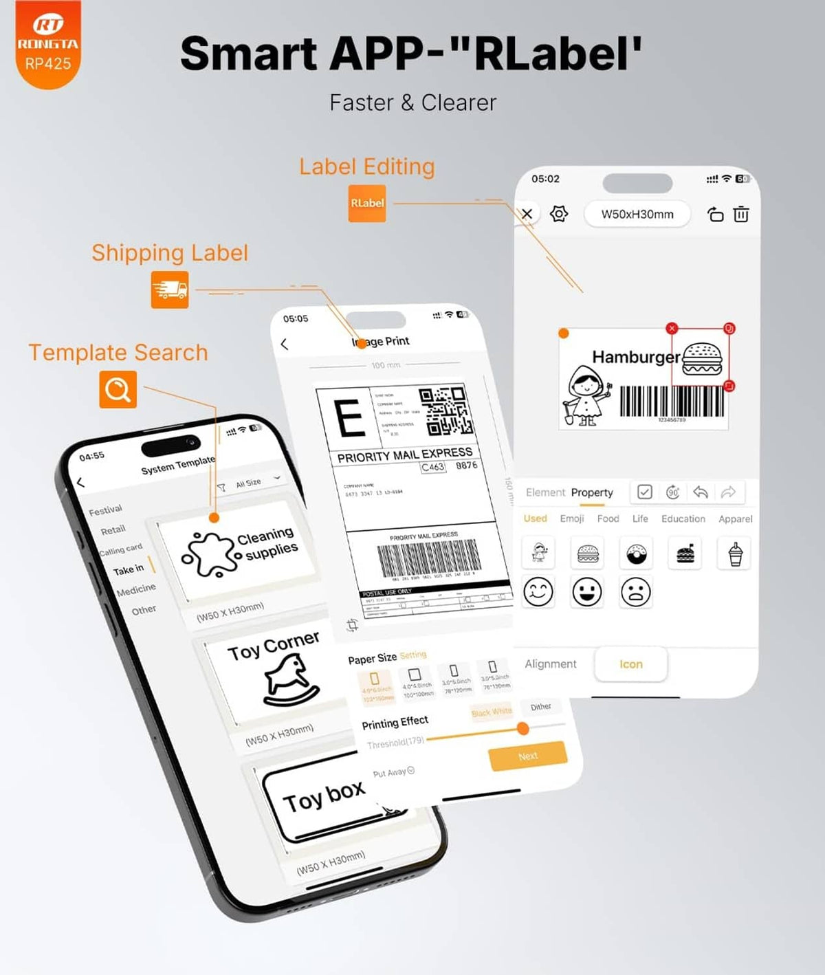 White thermal label printer with smartphone app showing label templates and editing tools