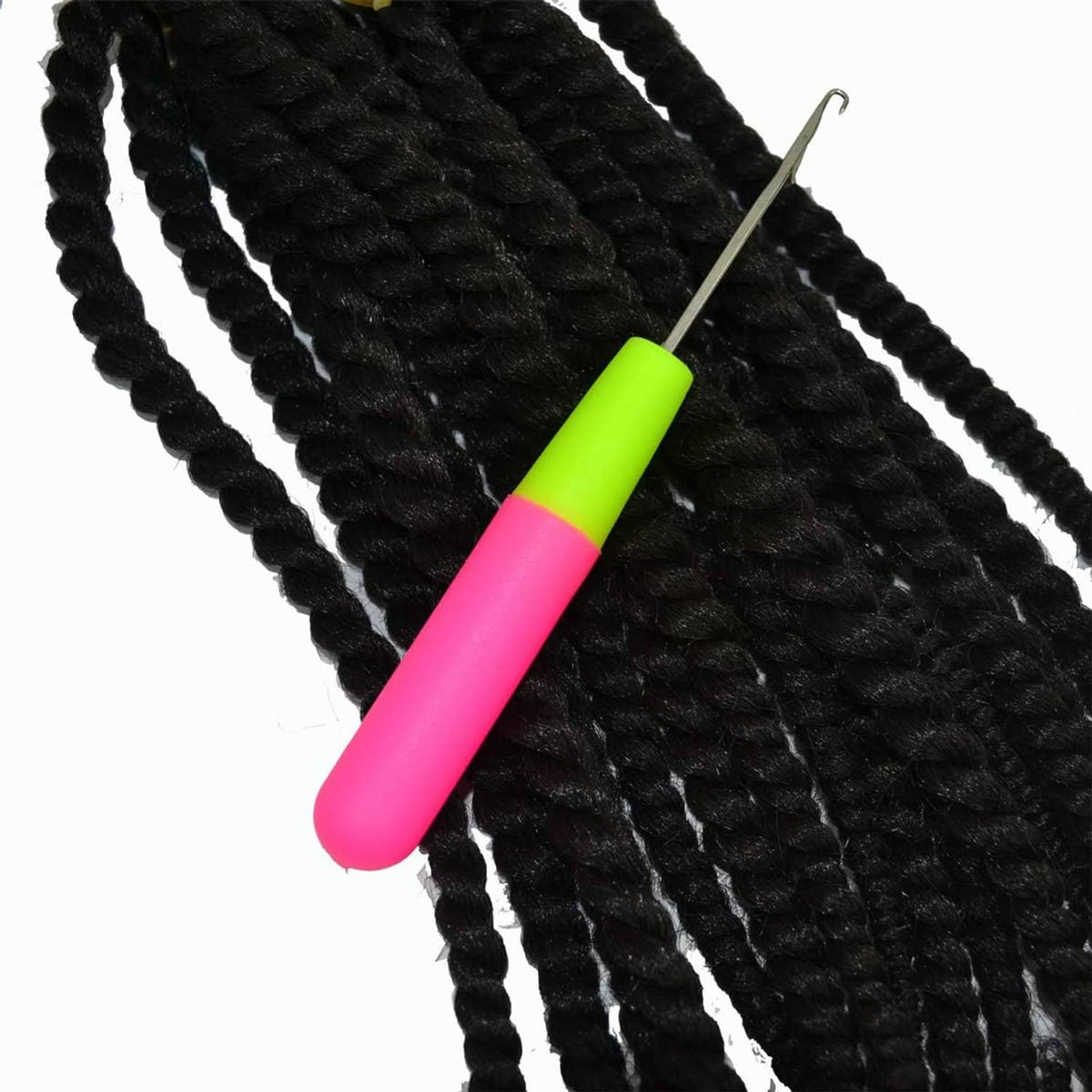 Latch hook crochet needle inserting into black micro braids, lime and pink handle