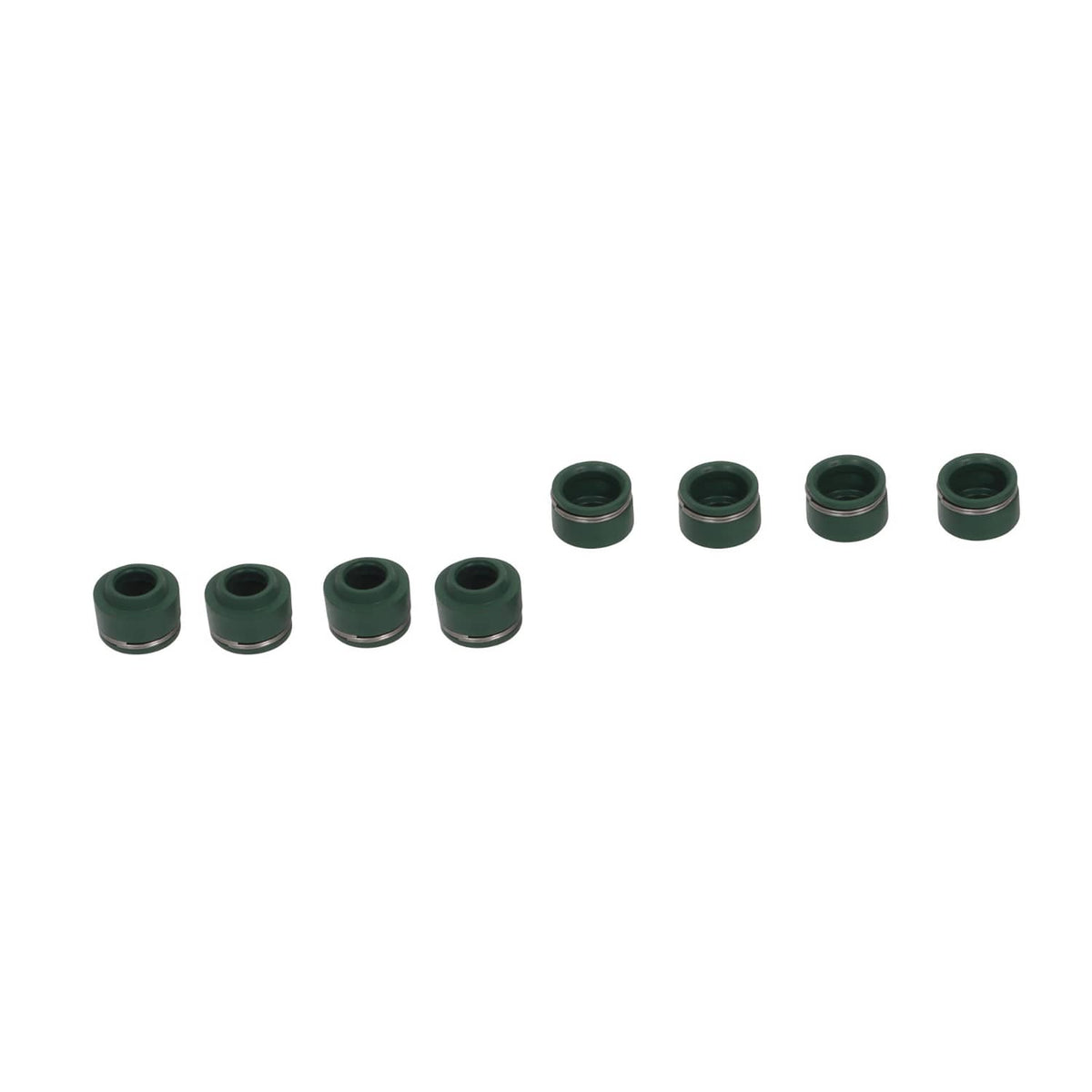 Set of small green-topped valve stem seals in multiple pieces