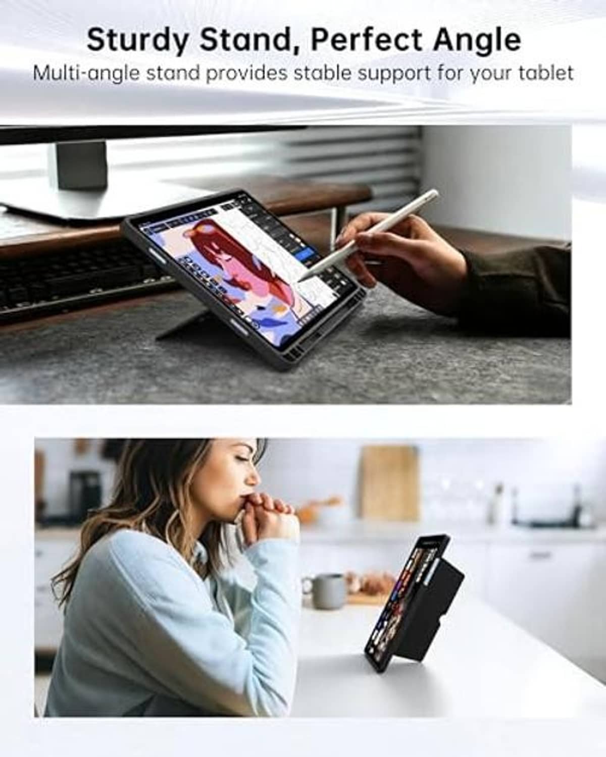 Tablet keyboard case stand with tablet in portrait view and stable multi-angle support