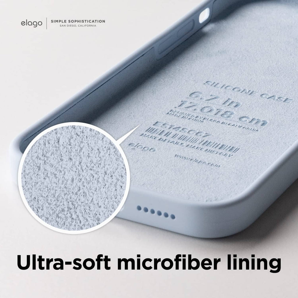 Light blue silicone case interior with ultra-soft microfiber lining detail on back cover