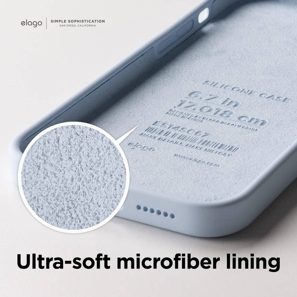 Light blue silicone case interior with ultra-soft microfiber lining detail on back cover