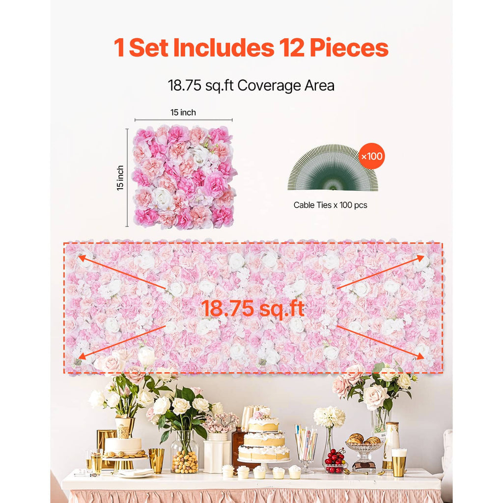 Artificial pink flower wall panel mat, 15 x 15 in square, layered 3D petals