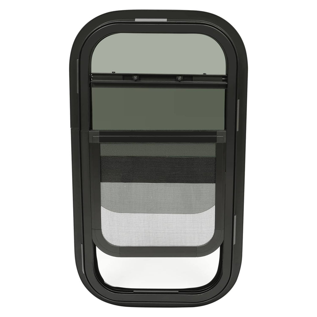 Tinted RV glass window with black arched housing and horizontal latch bar