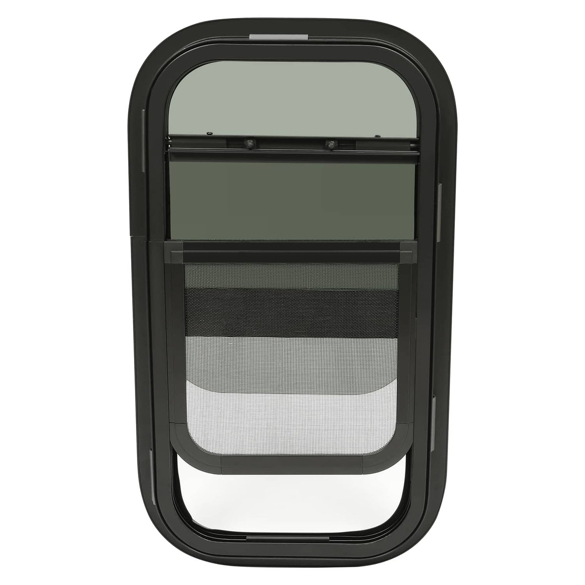 Tinted RV glass window with black arched housing and horizontal latch bar