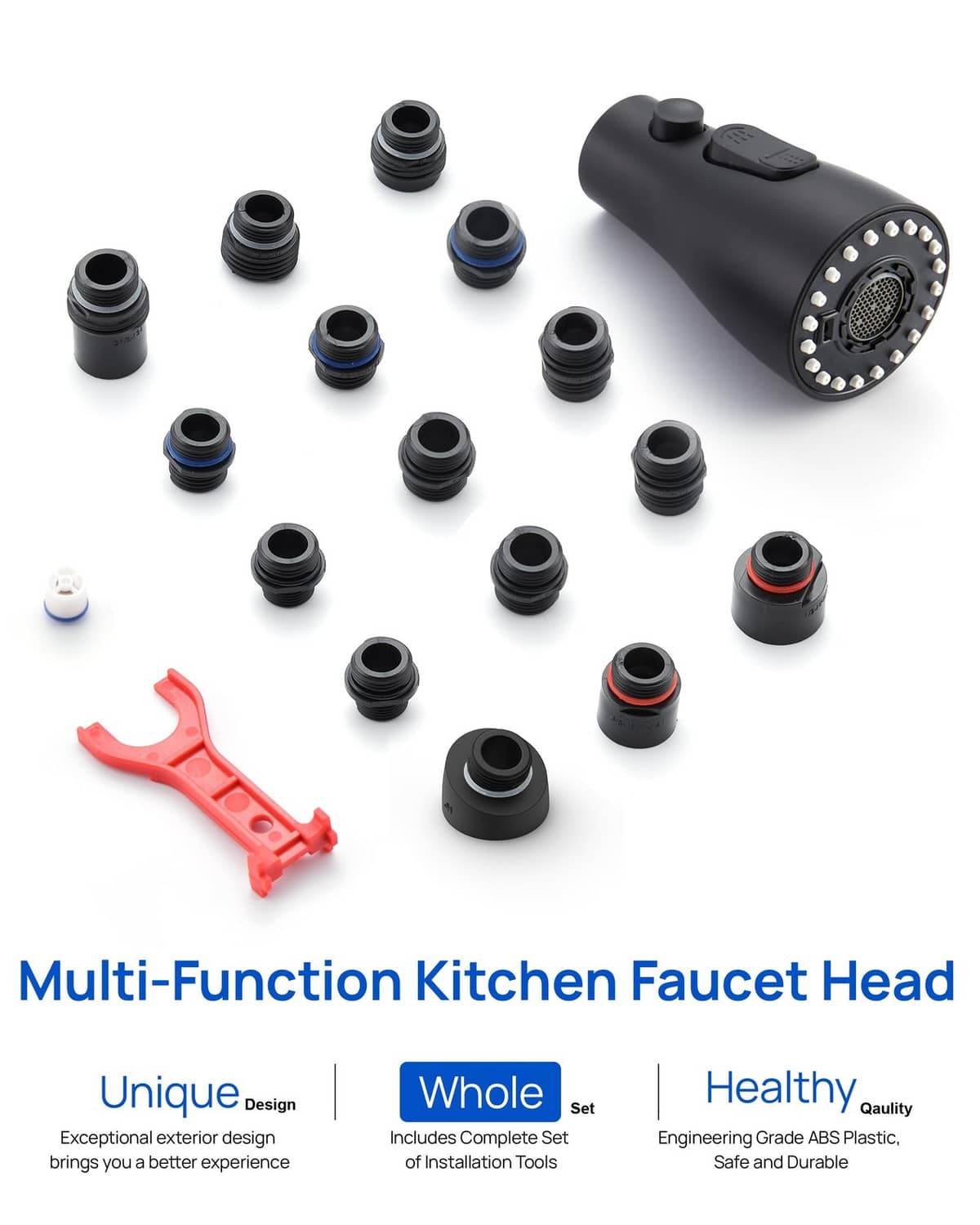 Matte black multi-function kitchen faucet sprayer head with assorted adapter connectors.