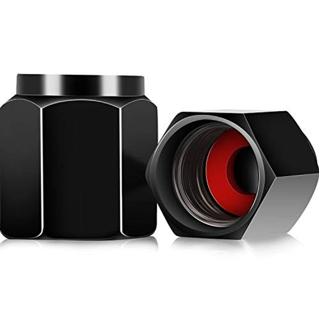 Hexagon tire valve caps, black aluminum set with one cap showing inner red gasket