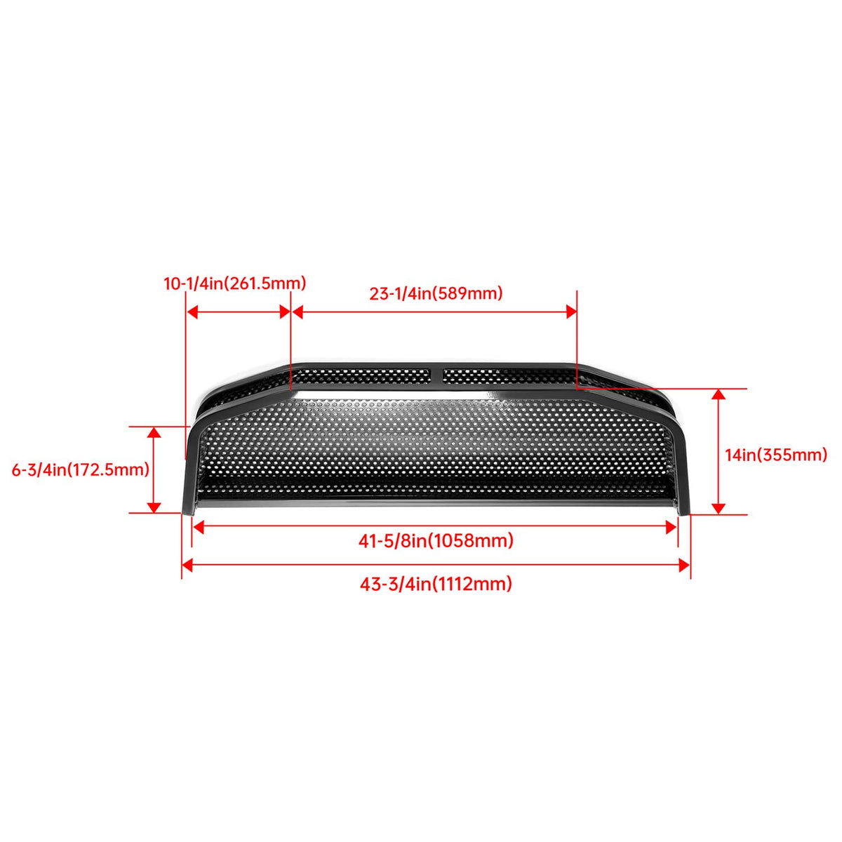 Perforated black front basket dimensions diagram with height and width measurements