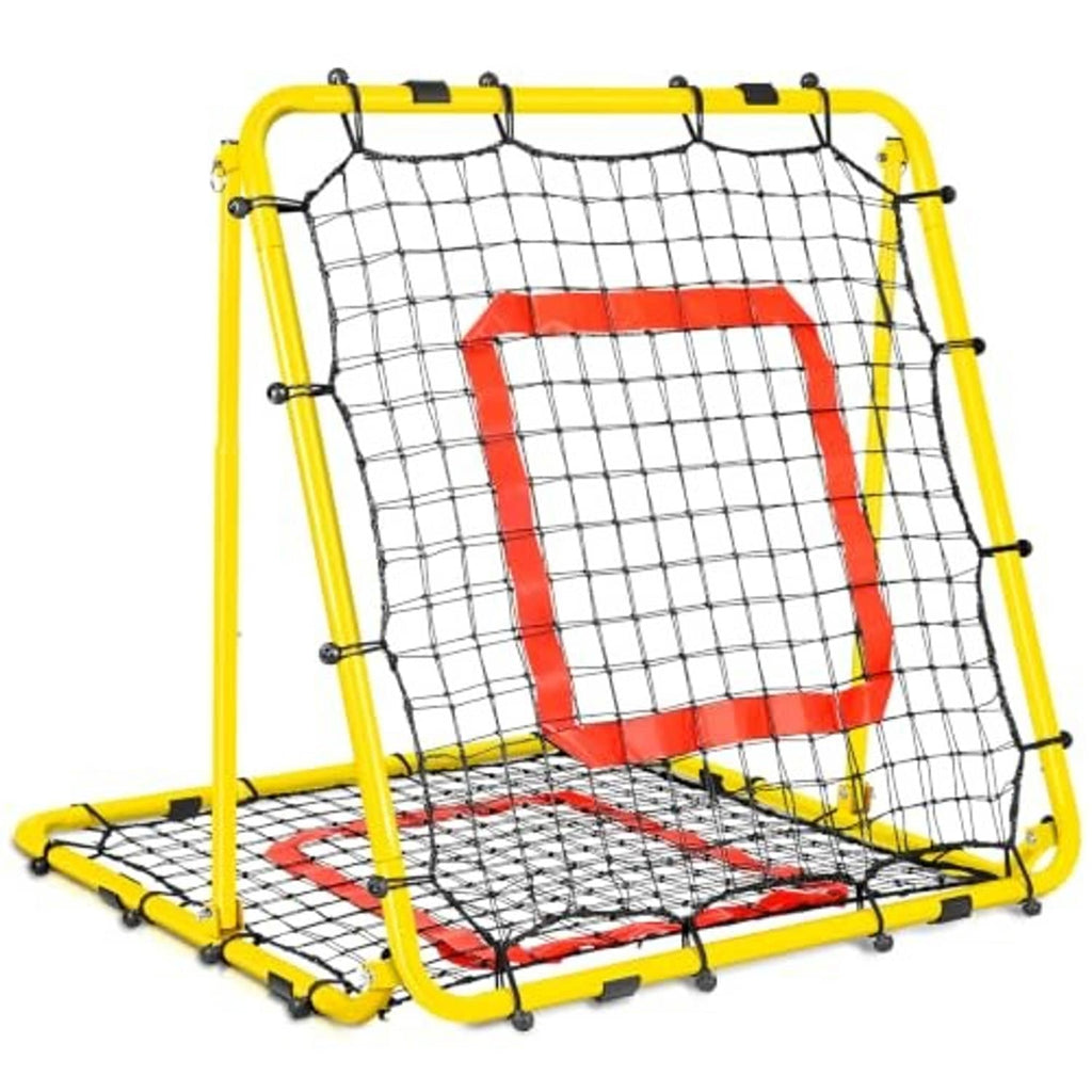 Yellow baseball rebounder with black grid net and red square pitching target on base mat