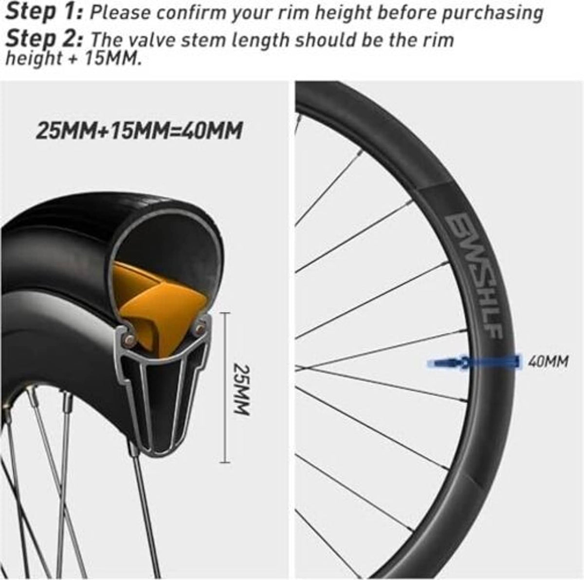 Black Presta tubeless valve stem length fit guide near wheel rim, 40mm shown