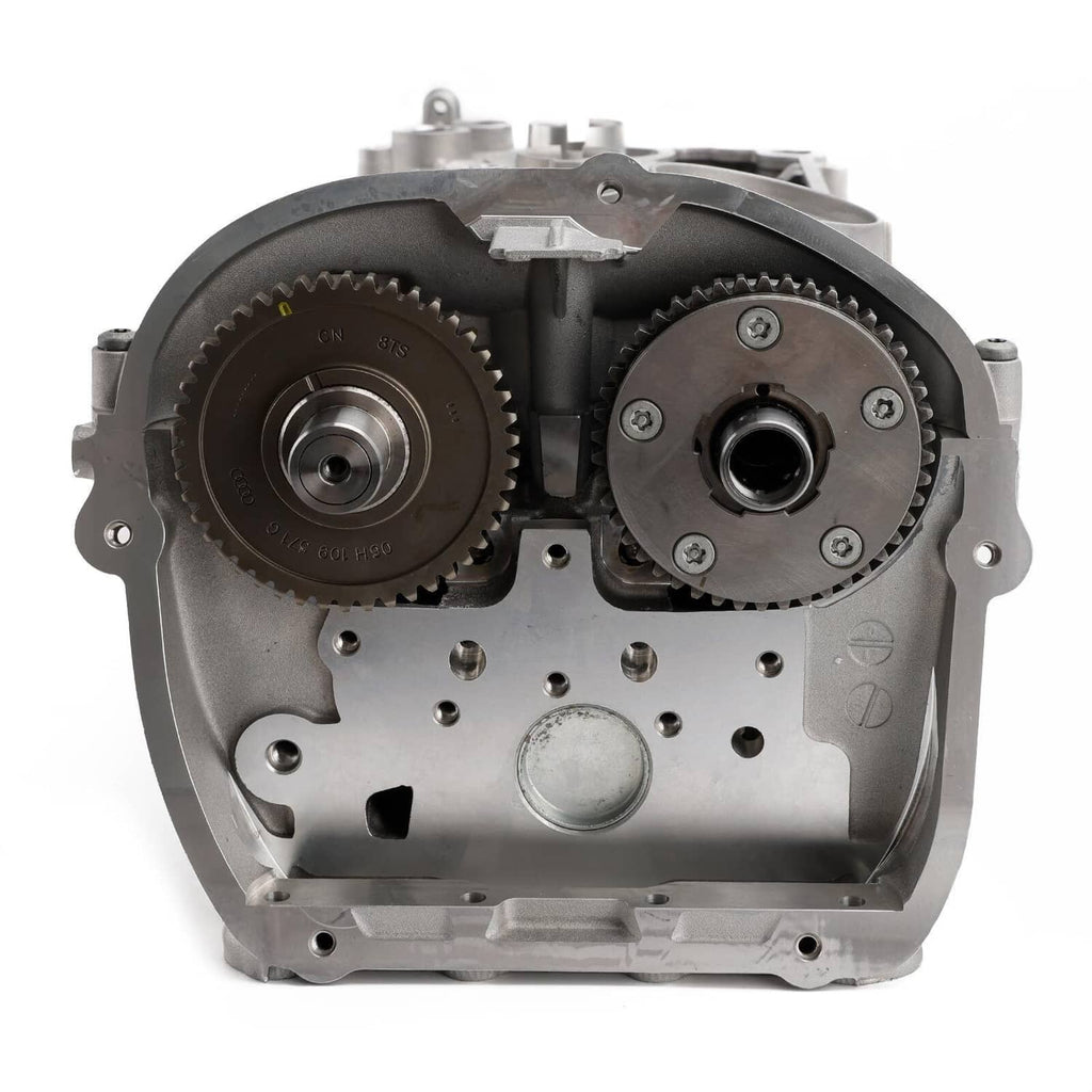 Cylinder head assembly engine part showing two timing gears and front cover plate