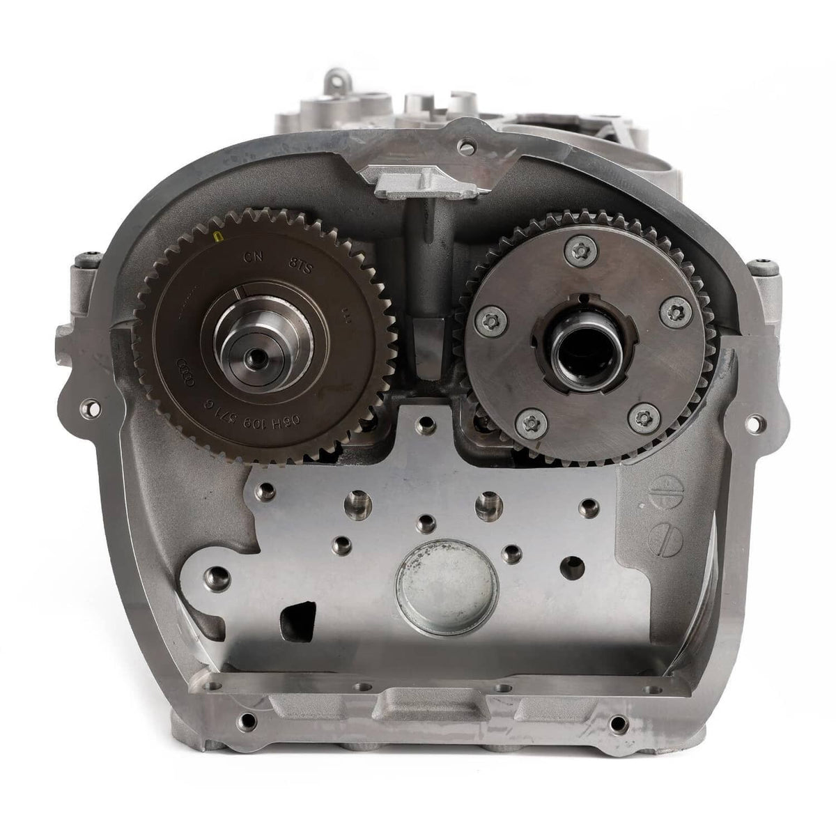 Cylinder head assembly engine part showing two timing gears and front cover plate