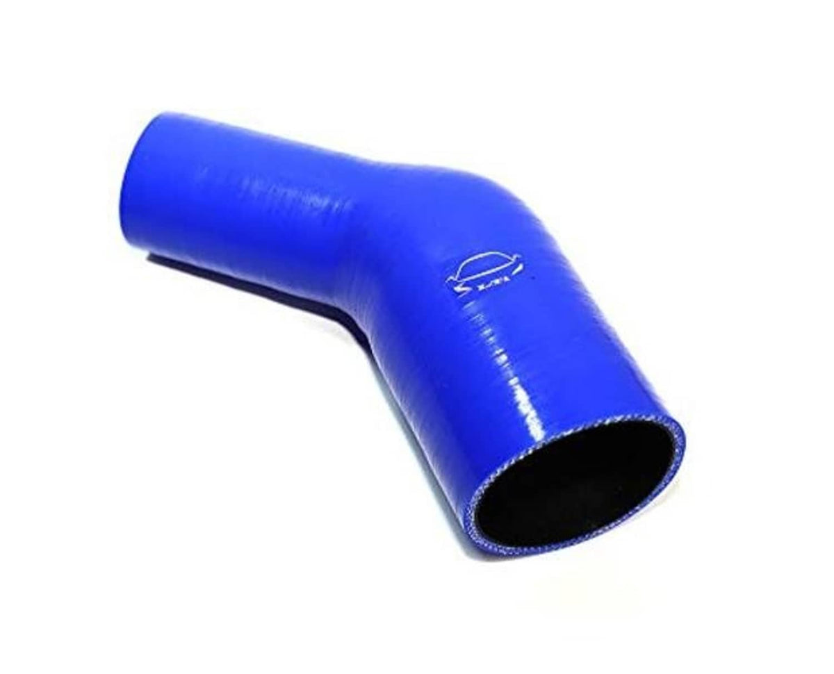 Blue 45-degree elbow reducer coupler with black end opening and logo