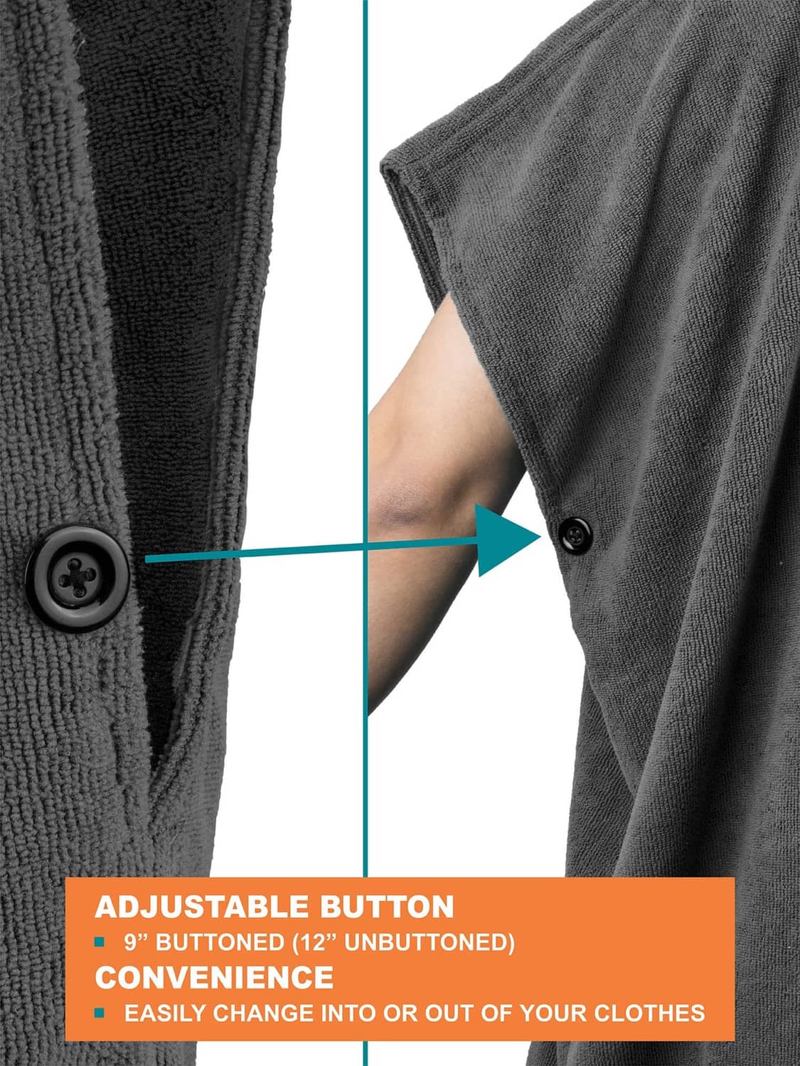 Grey microfiber poncho with adjustable button closure and side opening