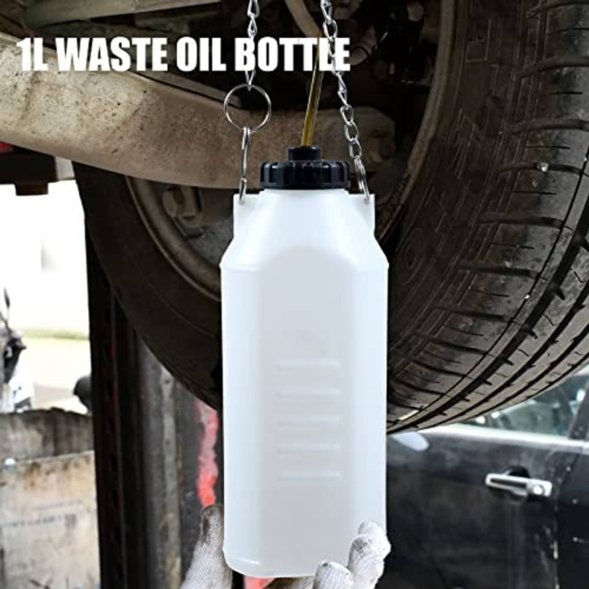Hanging white waste bottle with chain, used with brake fluid bleeder kit