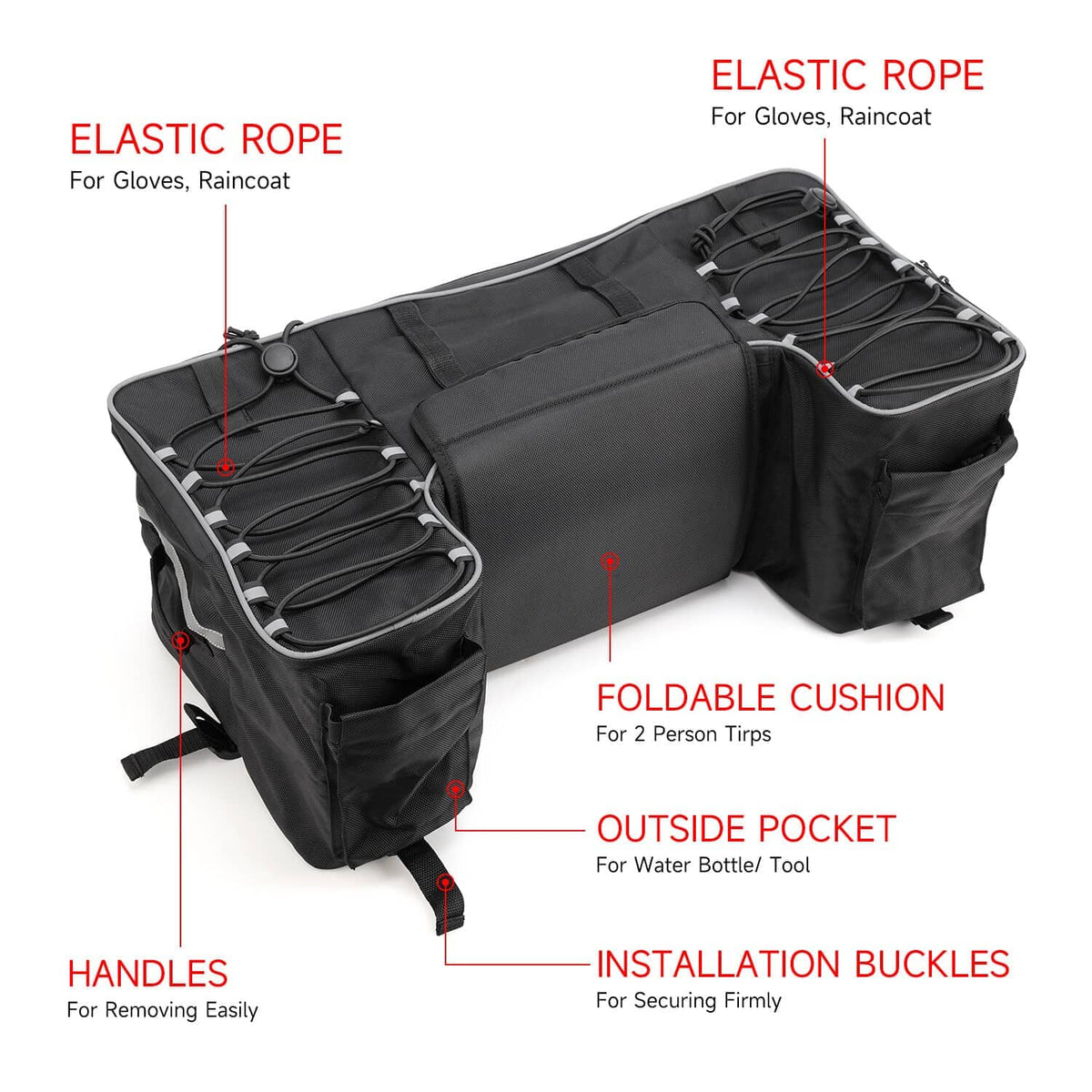 Black ATV rear rack storage bag with foldable cushion, handles, buckles, and elastic rope