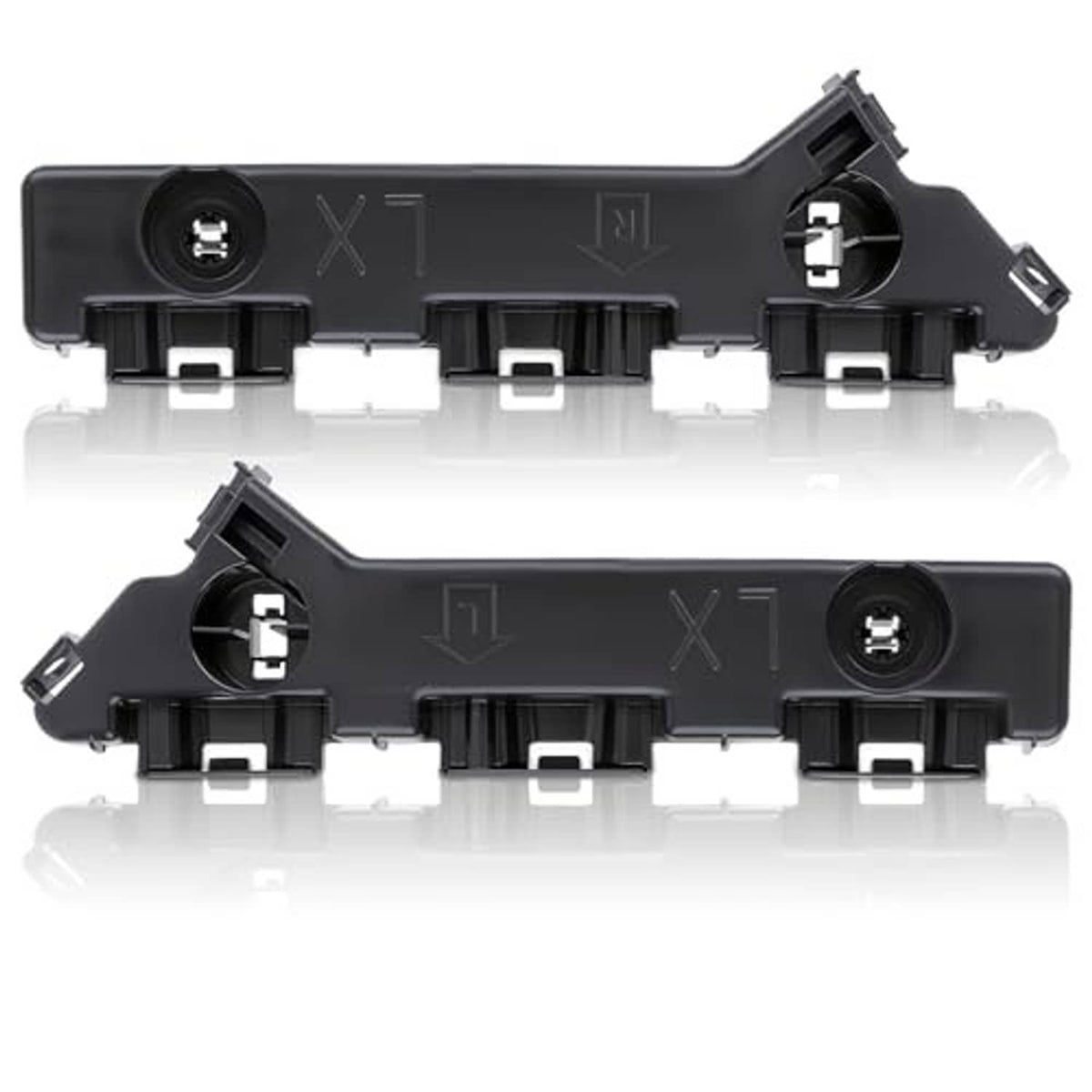 Two-piece black front bumper cover support brackets with mounting tabs
