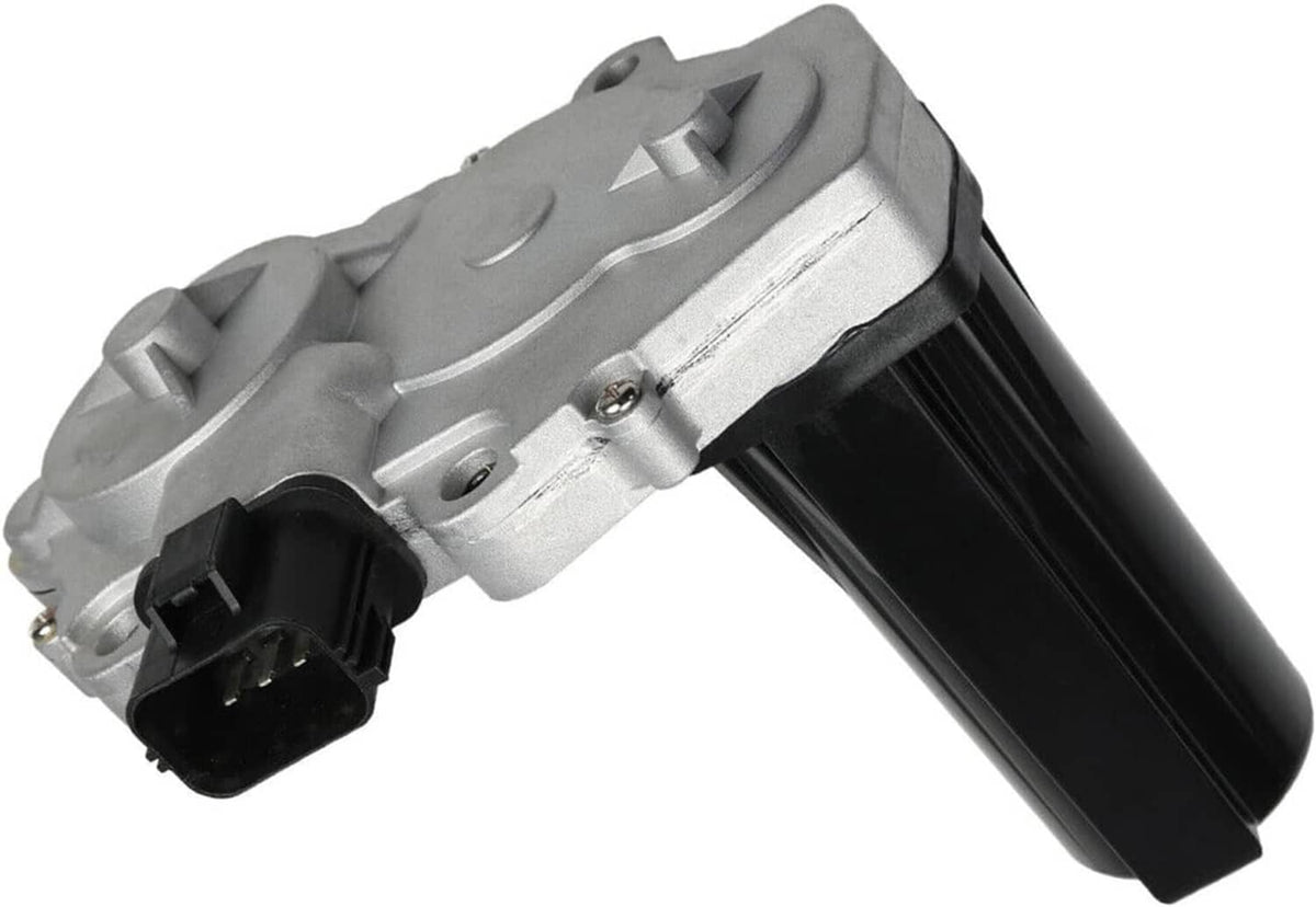 Transfer case shift actuator motor with black electrical connector and silver housing