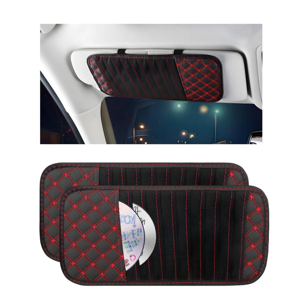 Car CD visor storage organizer set, red and black plaid with striped front panel