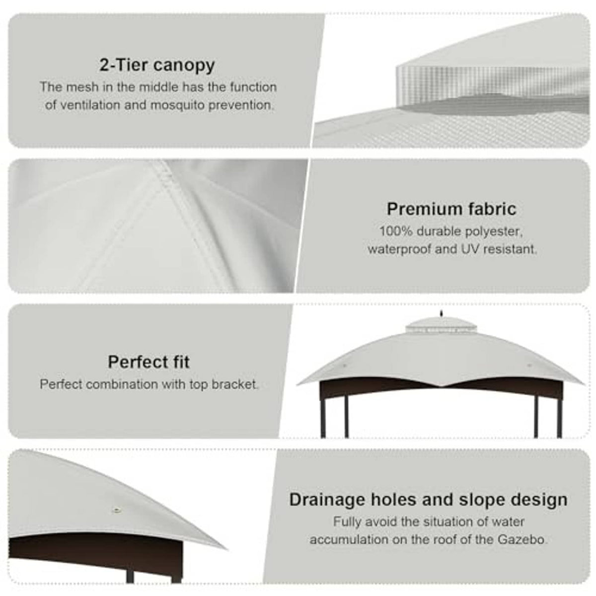 Gray gazebo canopy top replacement showing premium fabric and drainage design
