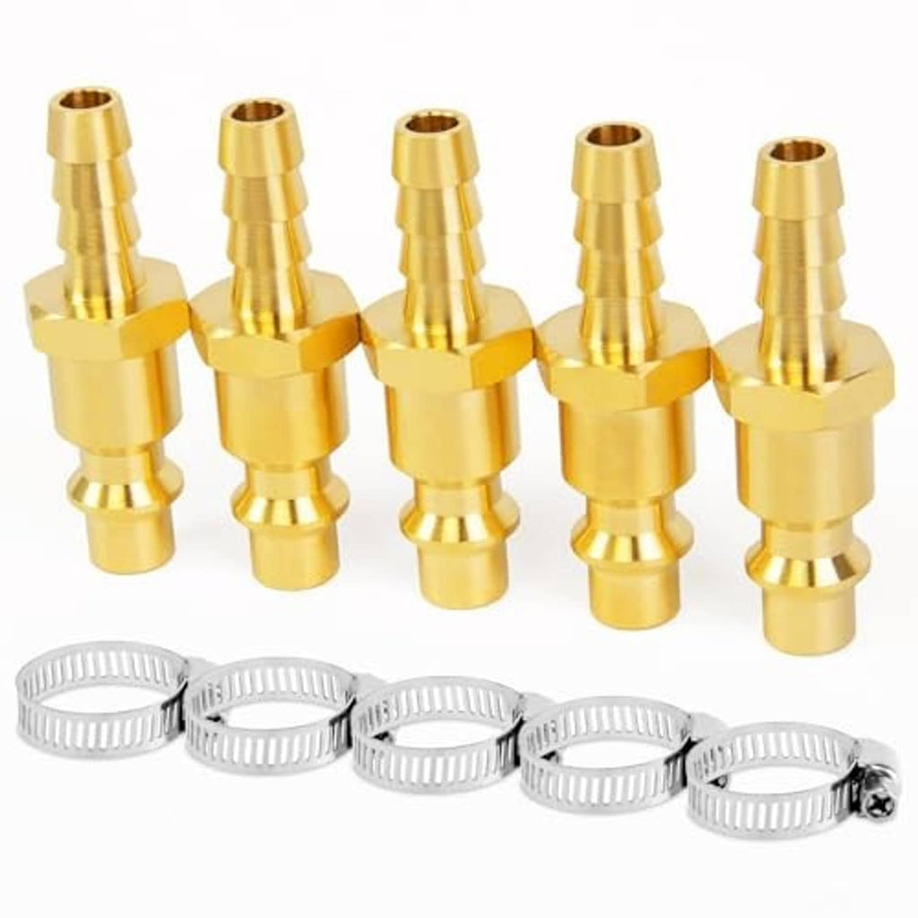 Brass air hose barb fittings with barbed ends and five metal hose clamps