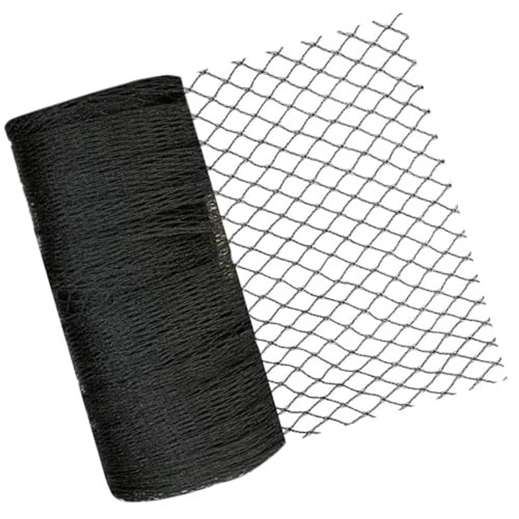 Black bird netting roll with square mesh panel, stretched for display