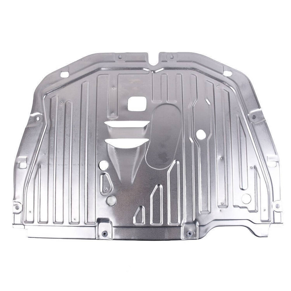 Engine splash guard shield, silver metal underside panel with cutouts