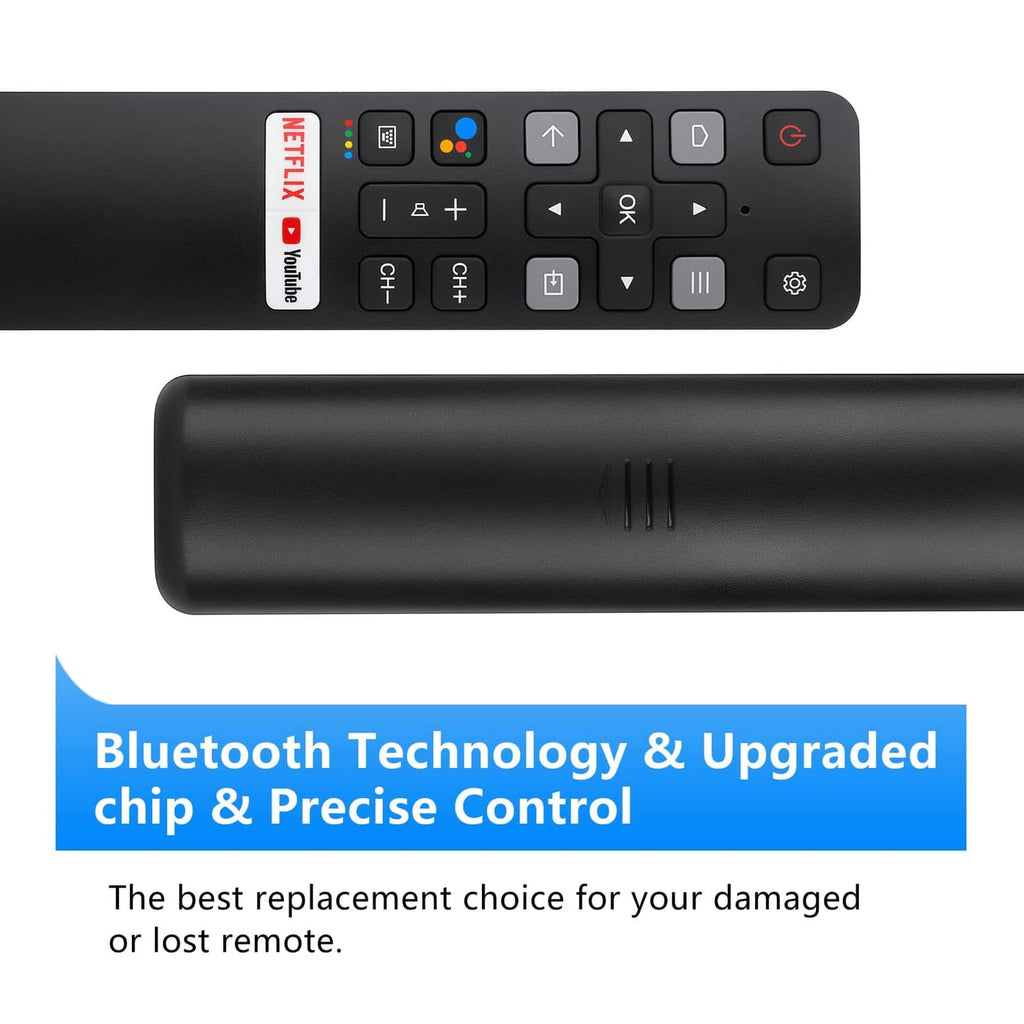 Black remote close-up with top button panel, app keys, and voice controls