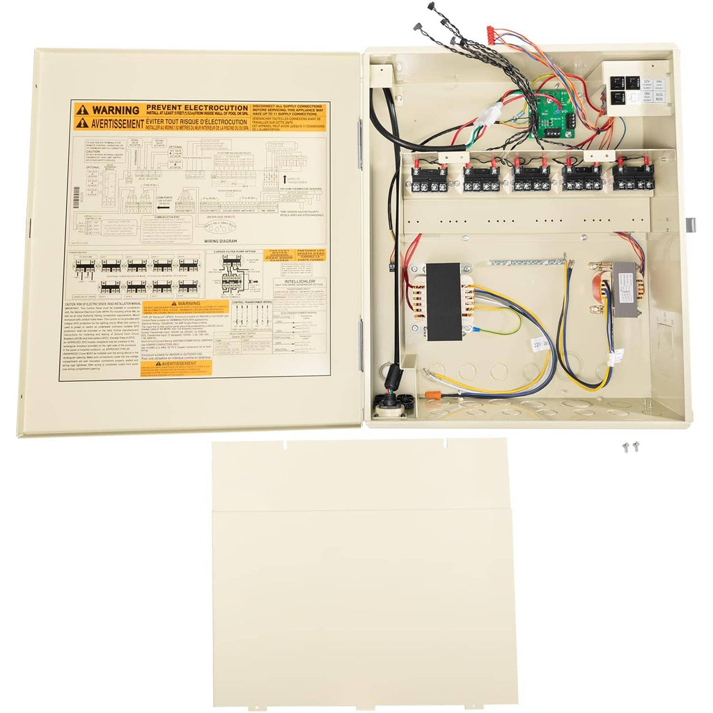 Pool and spa power center with open service panel, warning label, and terminal blocks