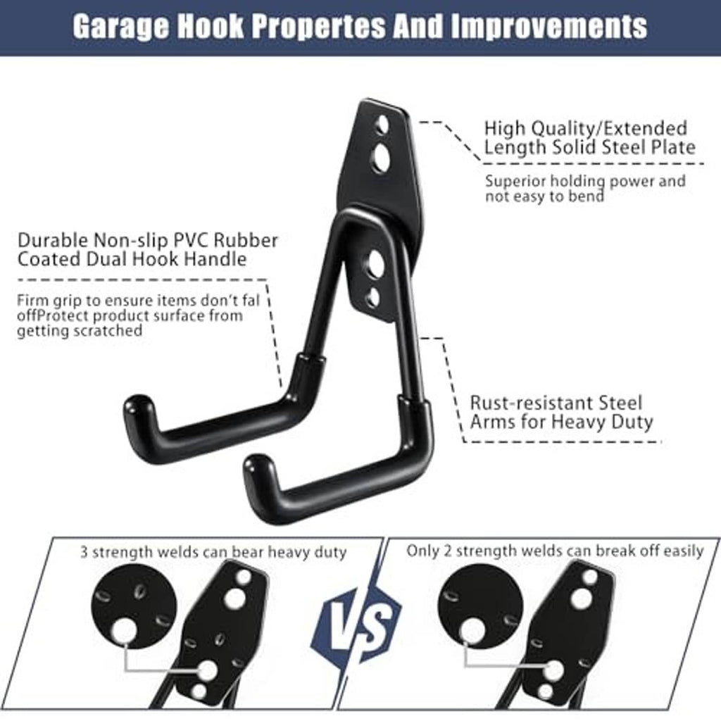 Black steel garage J-hooks with non-slip PVC handle and rust-resistant arms