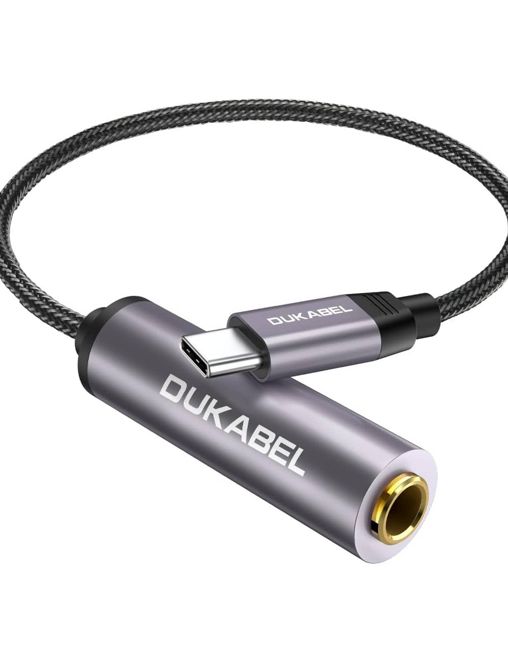Grey USB-C to 6.35mm headphone adapter with braided cable and gold 1/4 port