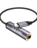 Grey USB-C to 6.35mm headphone adapter with braided cable and gold 1/4 port