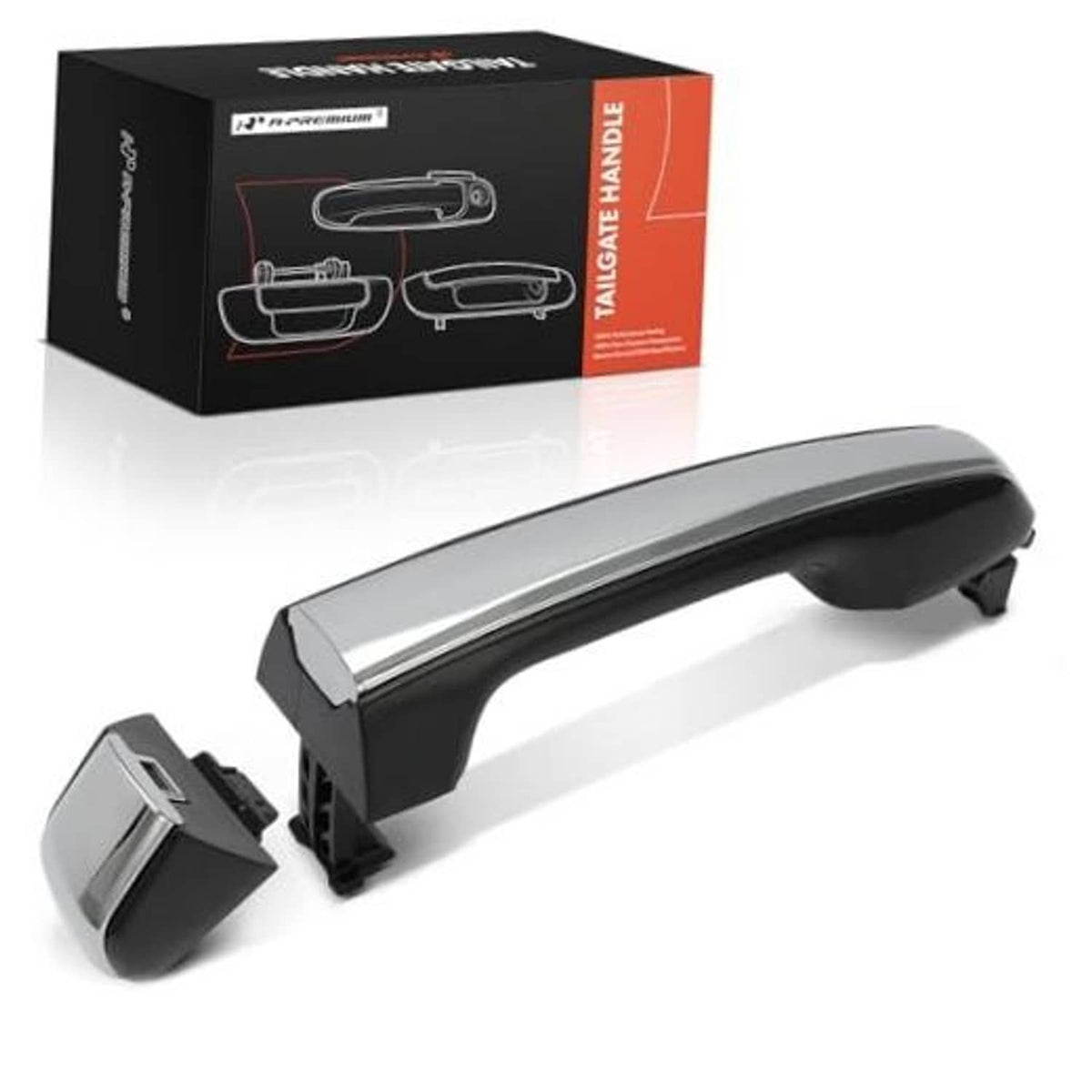 Rear exterior door handle with chrome bar and black end caps, with retail box
