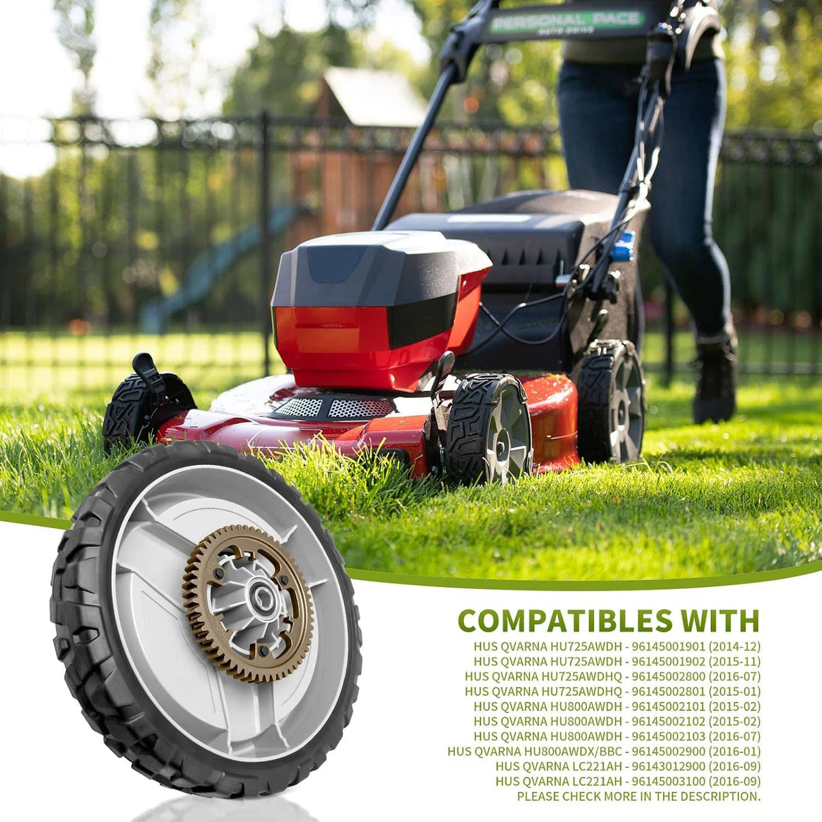 11-inch lawnmower wheel on walk-behind mower deck with metal gear hub