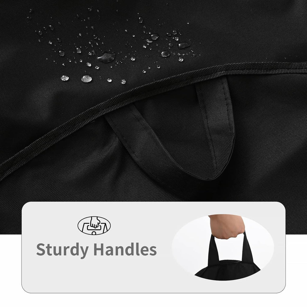 Black fabric grill cover close-up with seam stitching and curved handle strap