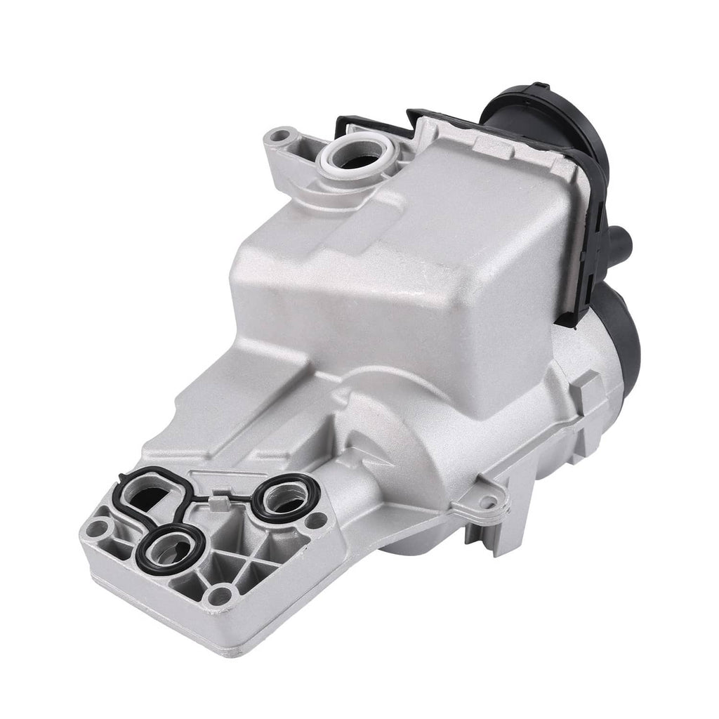 Oil filter housing with black electrical connector, silver aluminum body