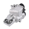 Oil filter housing with black electrical connector, silver aluminum body