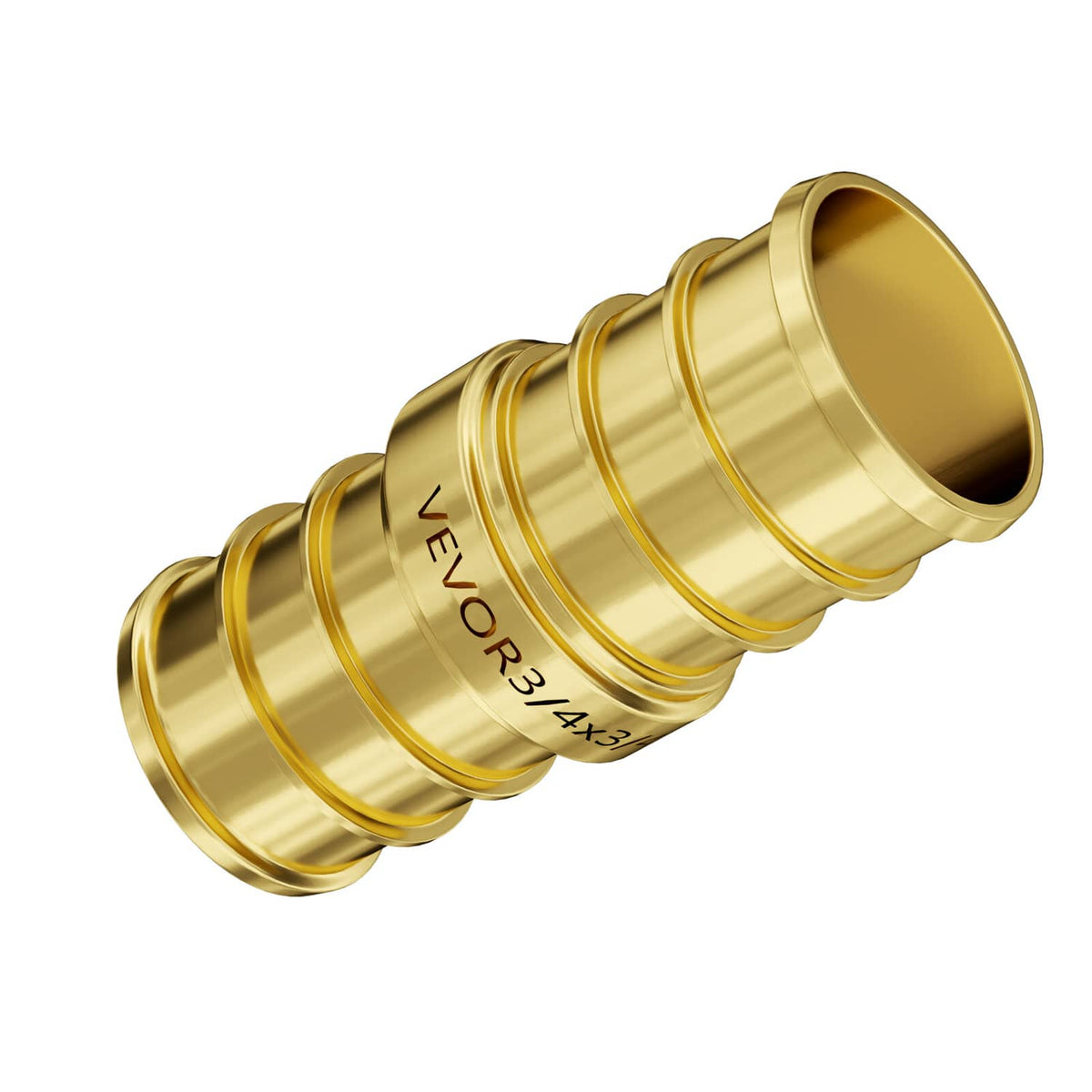 Brass straight-through pipe fitting, close-up of coupling ring grooves and lettering