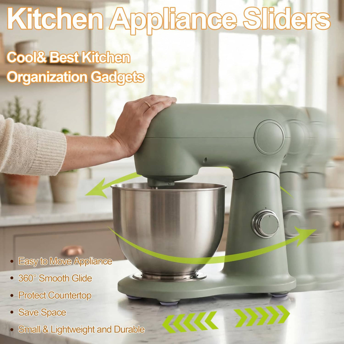 Grey appliance slider pads under mixer base for easy countertop moving