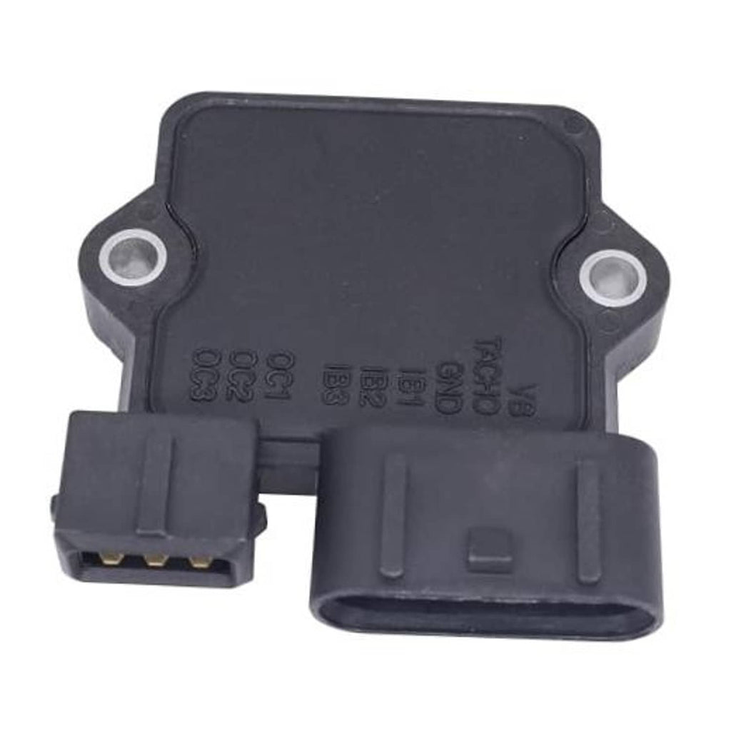 Black ignition control module with mounting holes and front electrical connector