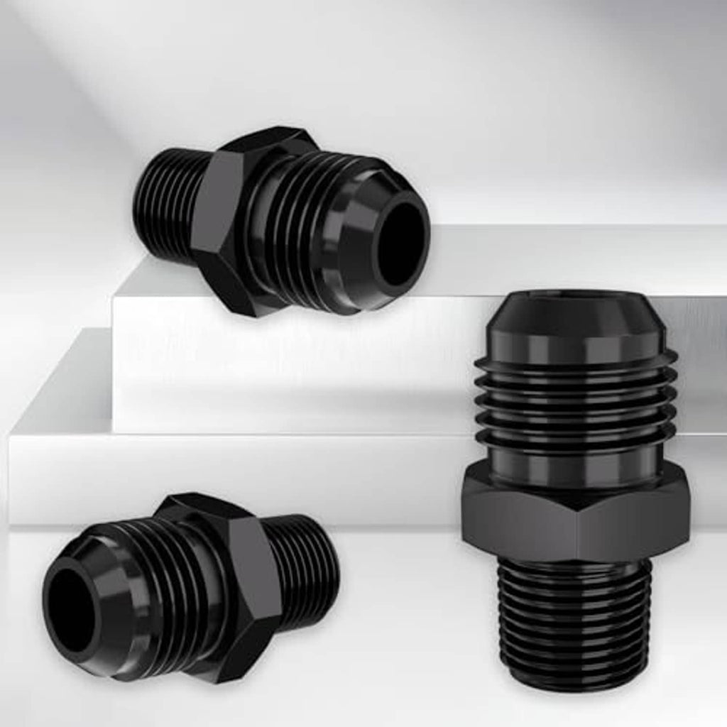 Black male flare to 3/8 NPT straight fitting adapter with hex nut-style body