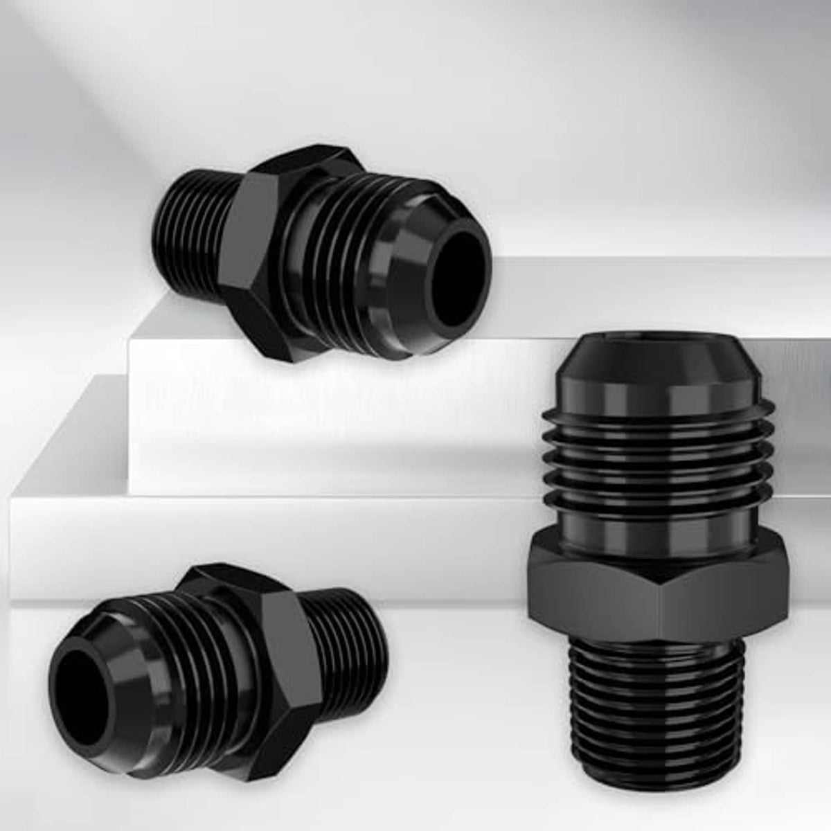 Black male flare to 3/8 NPT straight fitting adapter with hex nut-style body
