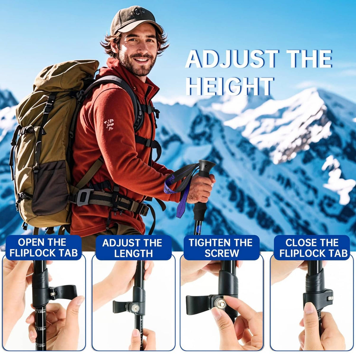 Adjustable trekking poles with flip-lock tab; height can be set