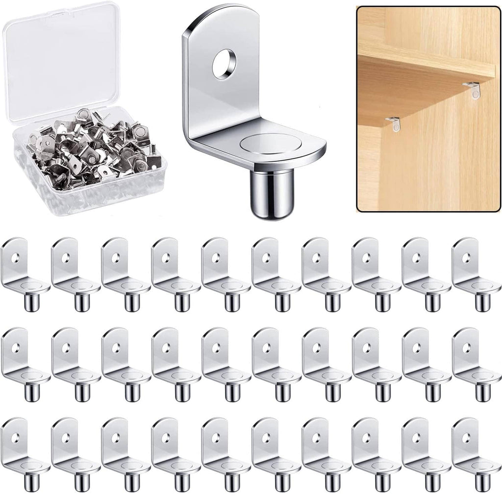 Silver shelf support pegs set with mounting brackets and clear storage box