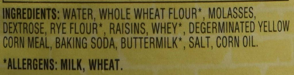 Ingredients list for brown bread raisin: water, whole wheat flour, molasses, raisins