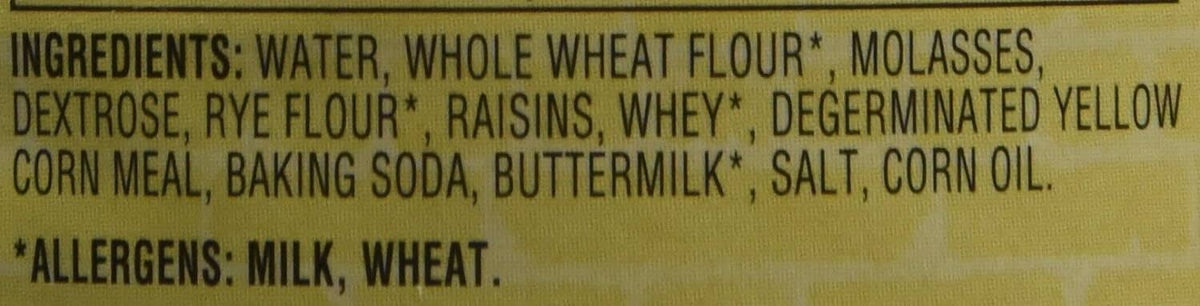Ingredients list for brown bread raisin: water, whole wheat flour, molasses, raisins