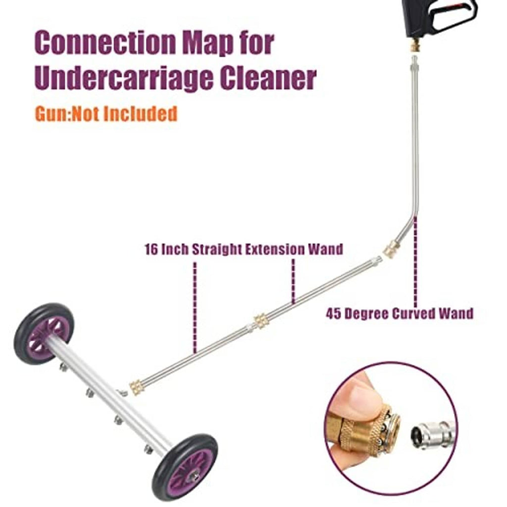Undercarriage cleaner with straight extension wand and 45-degree curved wand for reach