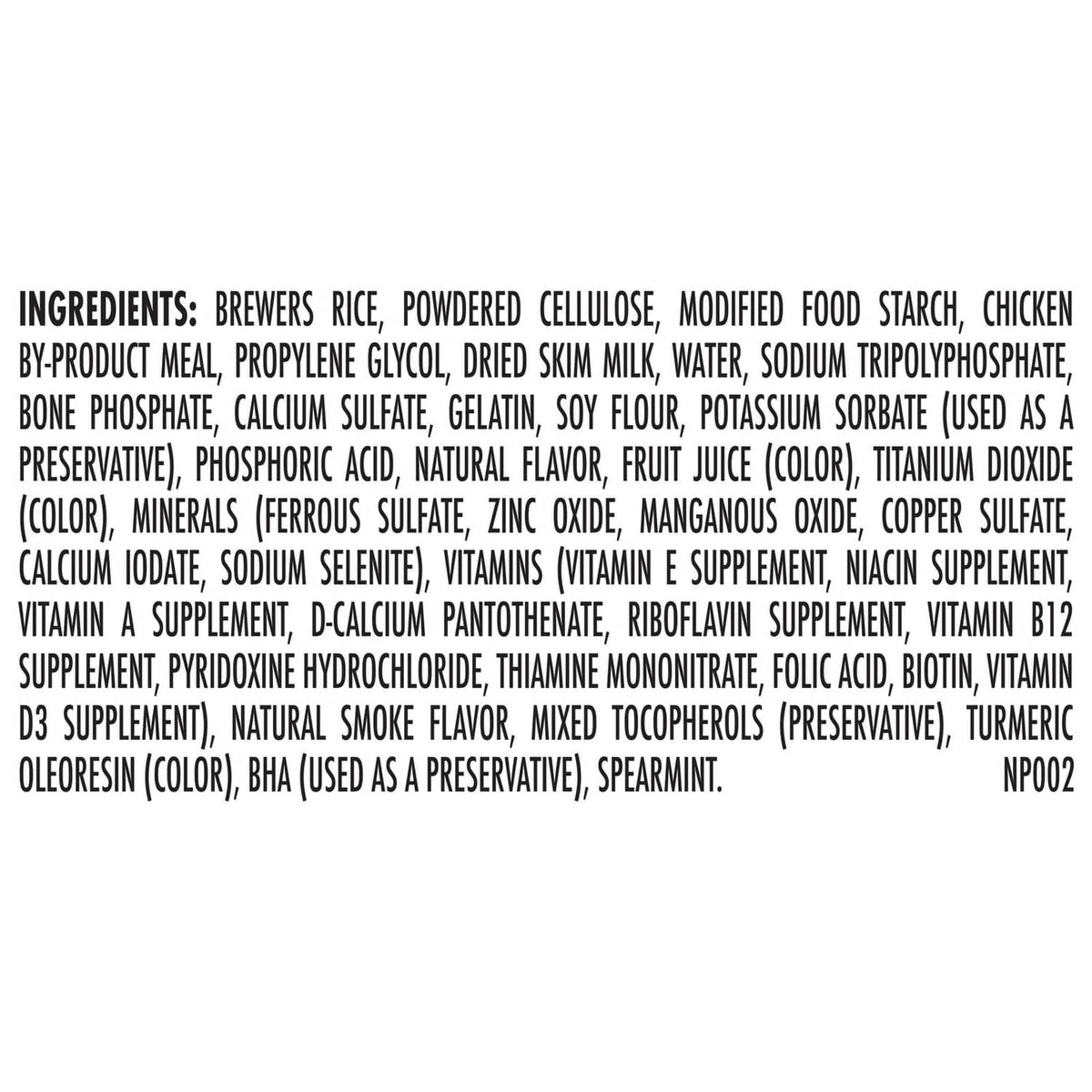 Ingredients list panel for dog brushing dental chews