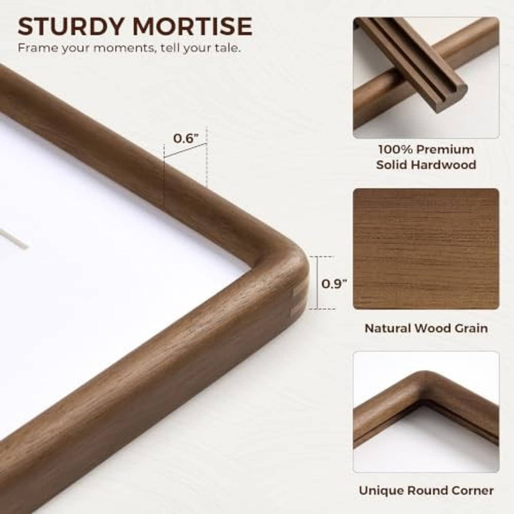 Walnut-tone picture frame corner detail showing rounded profile and wood grain